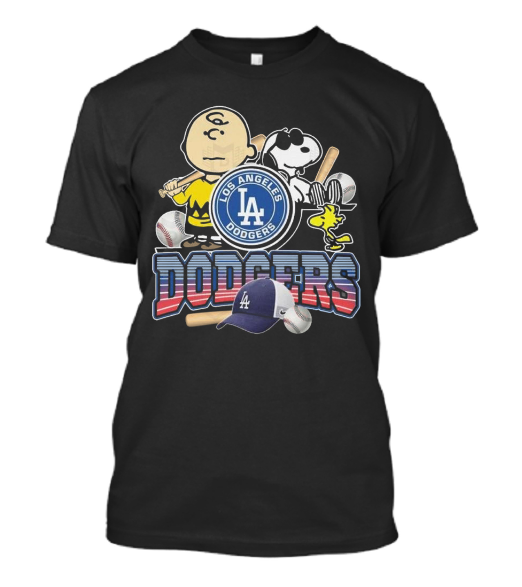 Los Angeles Dodgers Peanuts 2025 Charlie Brown Snoopy Woodstock Baseball Cap T-Shirt
