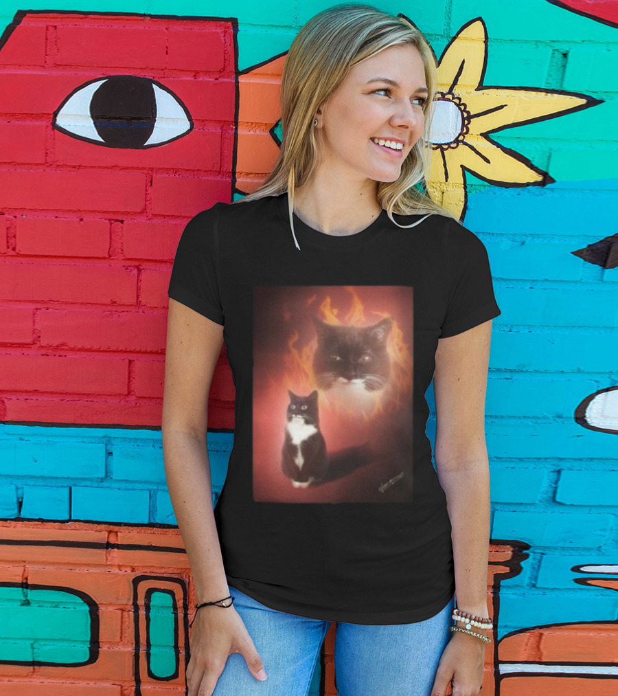 Olan Meows Black And White Cat Flames Retro Theme T-Shirt