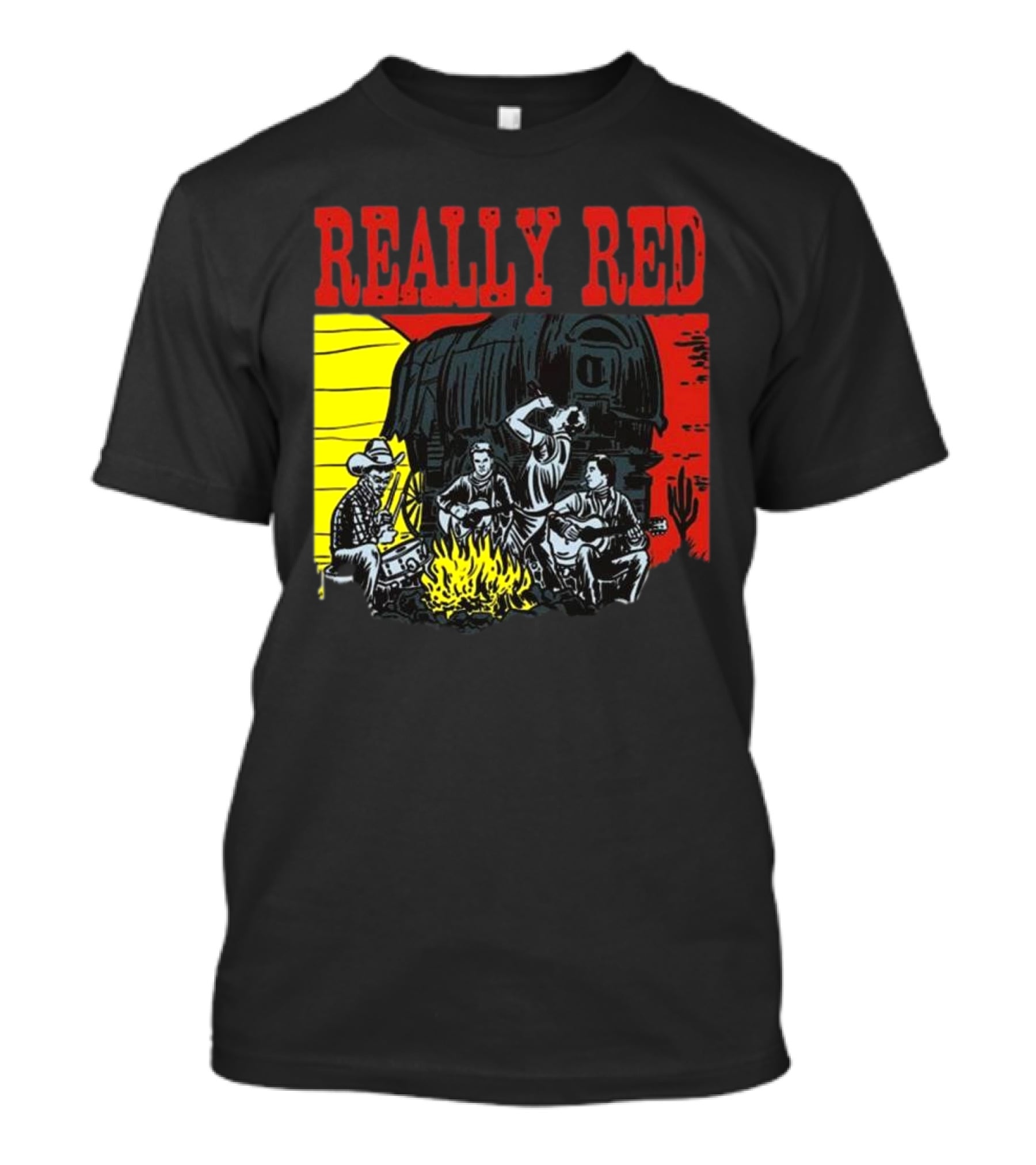 Really Red Cow Punks Campfire Scene With Musical Cowboys And Wagon T-Shirt