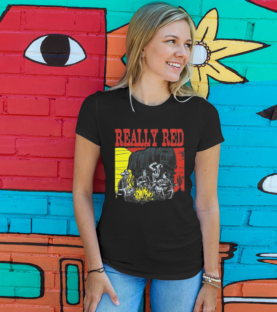 Really Red Cow Punks Campfire Scene With Musical Cowboys And Wagon T-Shirt
