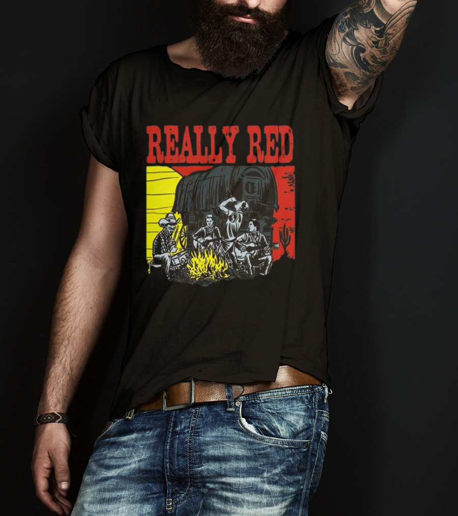 Really Red Cow Punks Campfire Scene With Musical Cowboys And Wagon T-Shirt