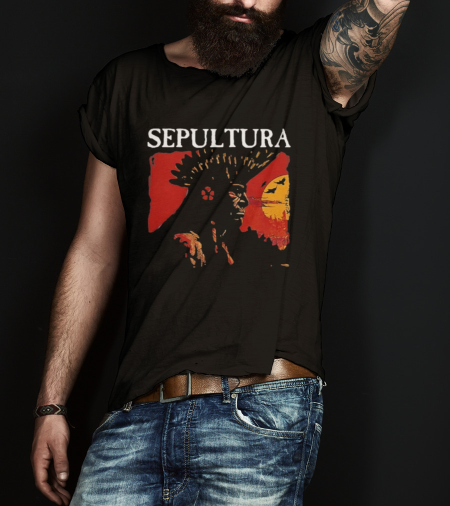 Sepultura Celebrating Life Through Death Black Sunburst And Sunset Scene T-Shirt