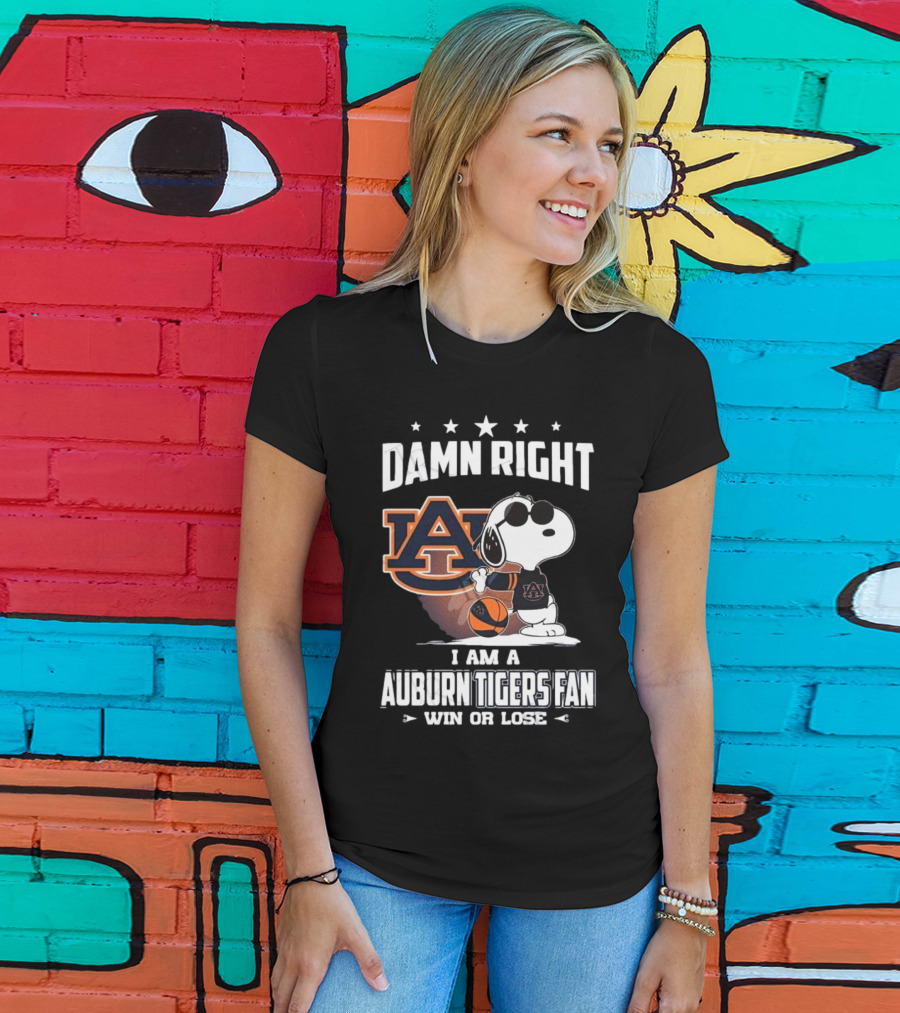 Damn Right I Am A Auburn Tigers Fan Win Or Lose Snoopy Auburn Logo T-Shirt