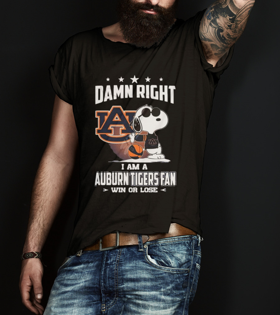 Damn Right I Am A Auburn Tigers Fan Win Or Lose Snoopy Auburn Logo T-Shirt