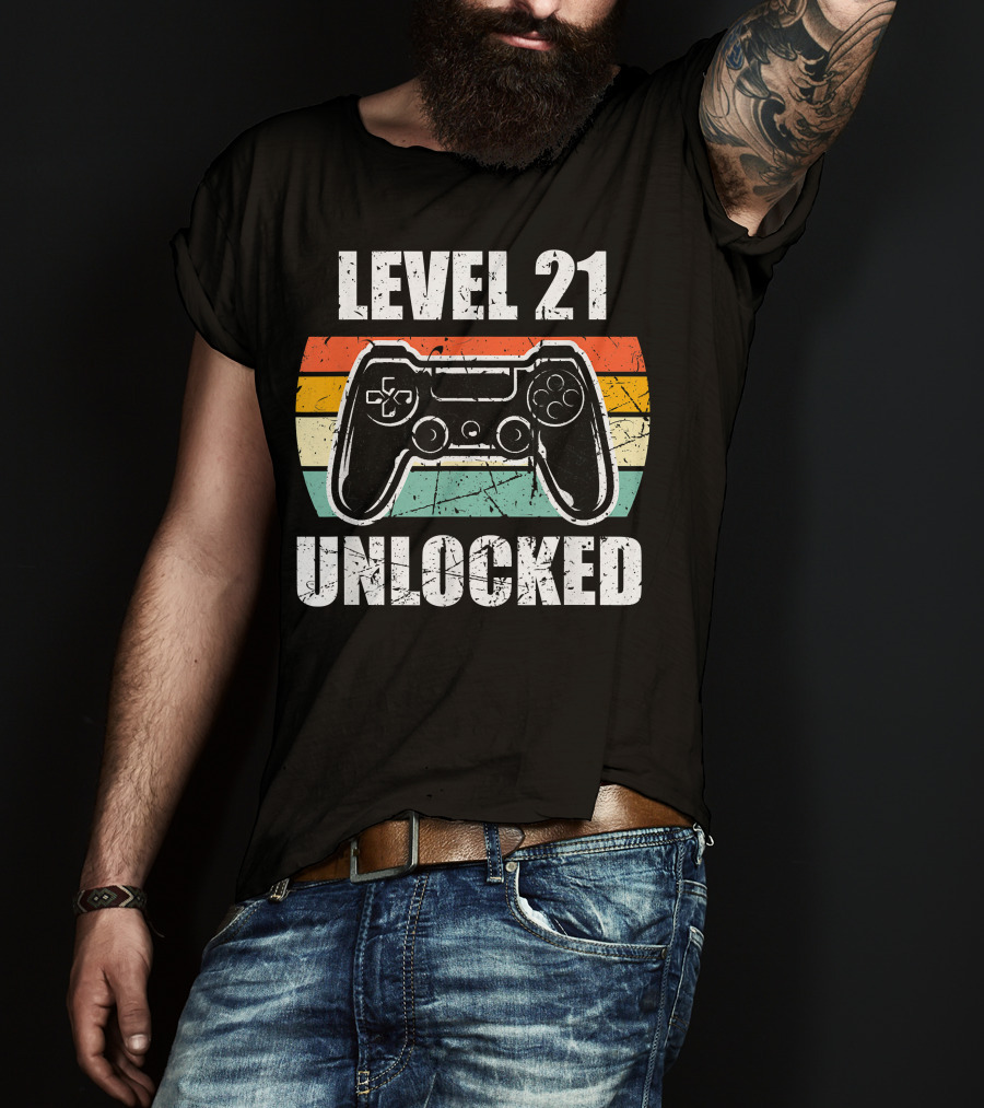 Level 21 Unlocked Vintage Gaming Controller 21st Birthday Gamer T-Shirt