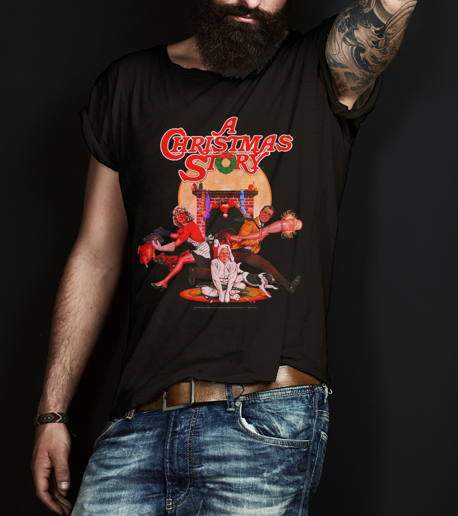 A Christmas Story Group Shot With Characters And Fireplace Scene T-Shirt