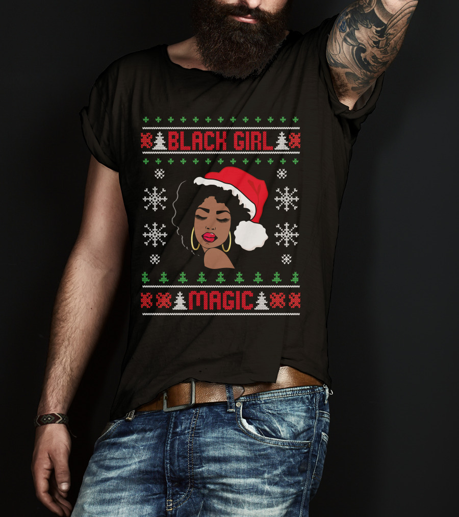 Black Girl Magic Afro Santa Claus Ugly Christmas Melanin T-Shirt