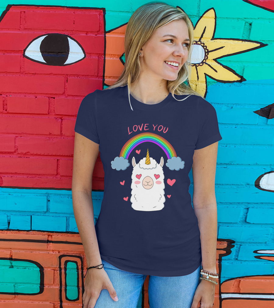 Love You Alpaca Unicorn Rainbow Cloud Hearts T-Shirt