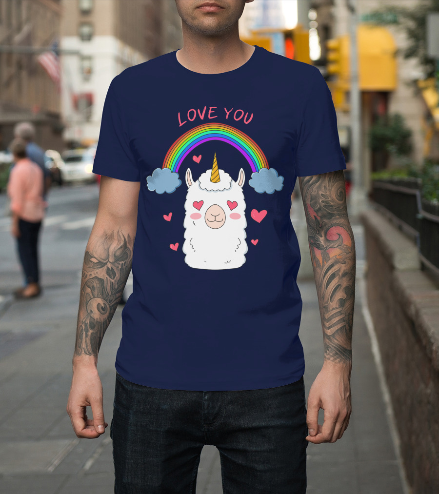 Love You Alpaca Unicorn Rainbow Cloud Hearts T-Shirt