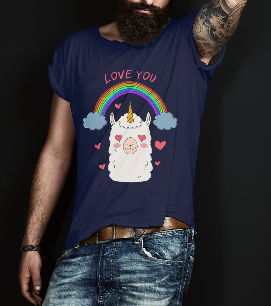 Love You Alpaca Unicorn Rainbow Cloud Hearts T-Shirt