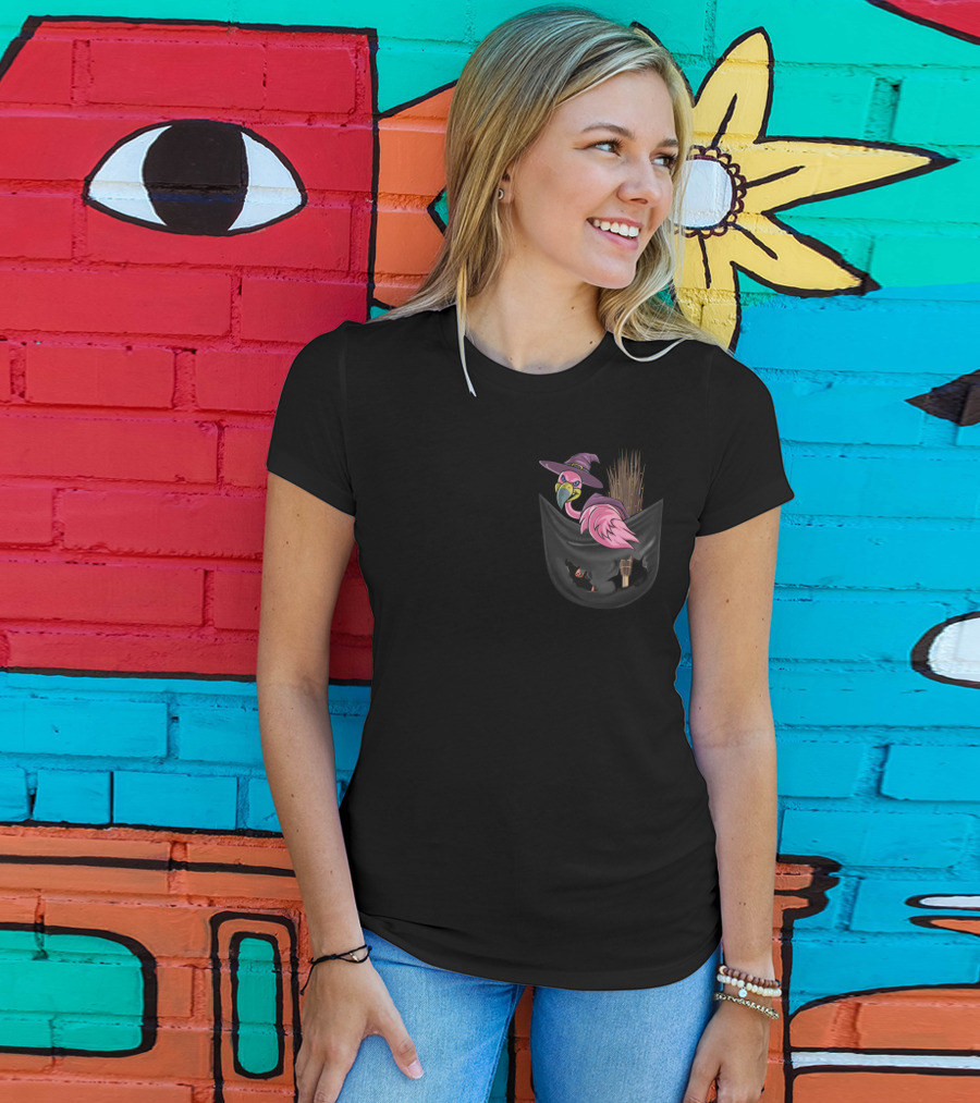 Flamingo In Witch Hat On Broomstick In Halloween Pocket T-Shirt