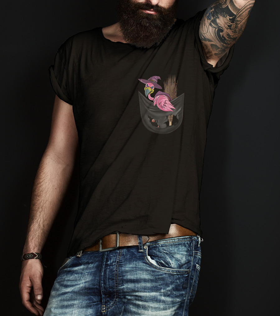 Flamingo In Witch Hat On Broomstick In Halloween Pocket T-Shirt