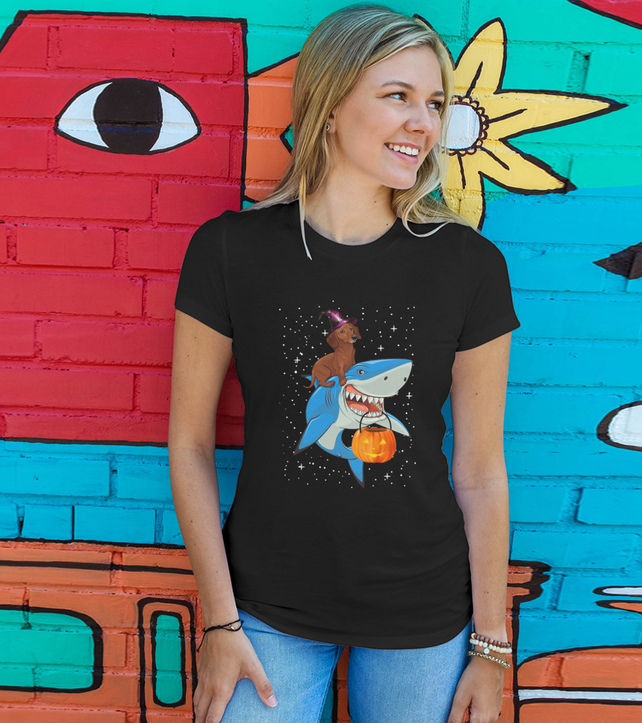 Dachshund Witch On Shark Carrying Jack-o'-Lantern In Starry Halloween Sky T-Shirt