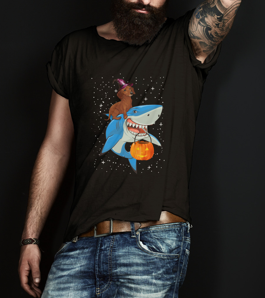 Dachshund Witch On Shark Carrying Jack-o'-Lantern In Starry Halloween Sky T-Shirt