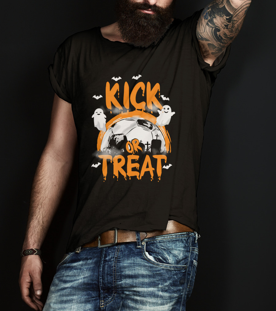 Kick Or Treat Halloween Soccer Theme Ghosts And Bats T-Shirt