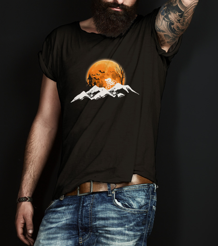 Mountain Biking Halloween Adventure Full Moon Haunted Castle Bats Scenic Ride T-Shirt