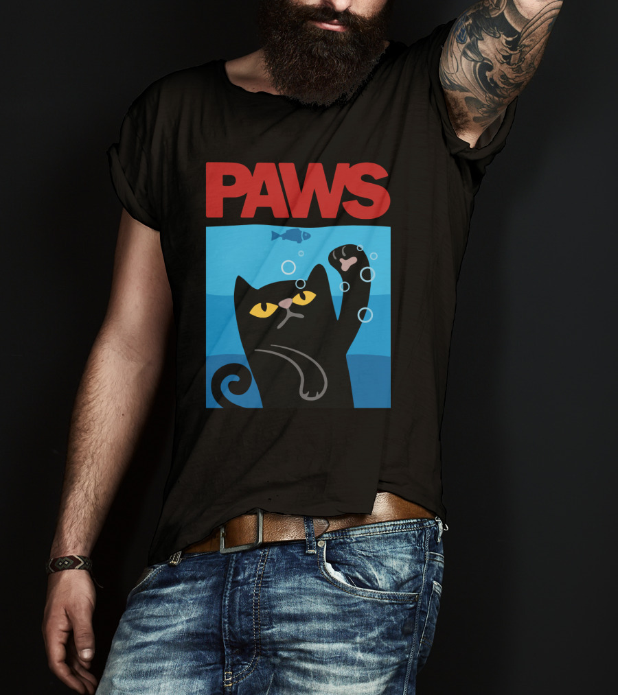 PAWS Jaws Parody Black Cat With Fish In Water T-Shirt