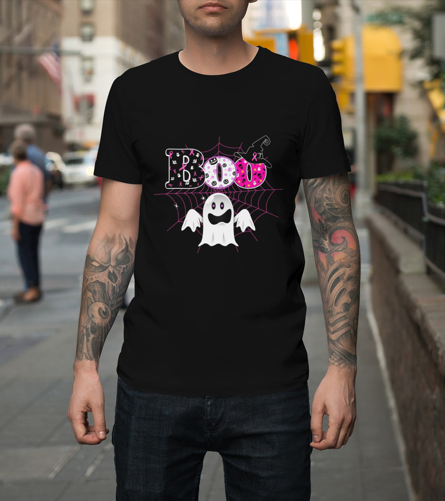 Boo Breast Cancer Awareness Halloween Ghost with Pink Ribbons and Witch Hat T-Shirt