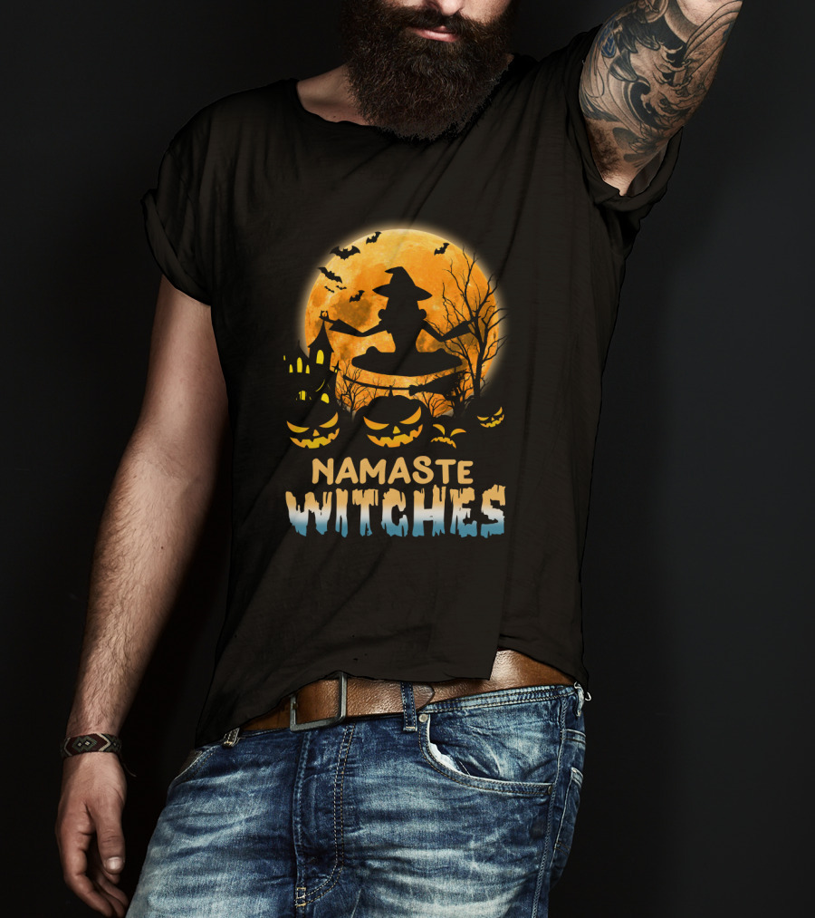 Namaste Witches Yoga Halloween Moon And Pumpkins T-Shirt