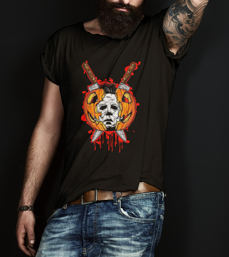 Michael Myers Pumpkin Head Halloween Horror Iconic Mask Crossed Knives T-Shirt