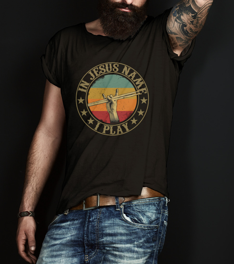 In Jesus Name I Play Drumsticks Retro Hand Sign T-Shirt