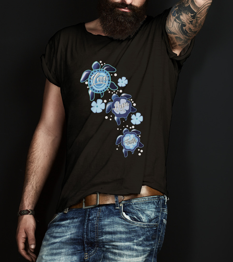 Love Hope Faith Turtle Icons Blue T-Shirt