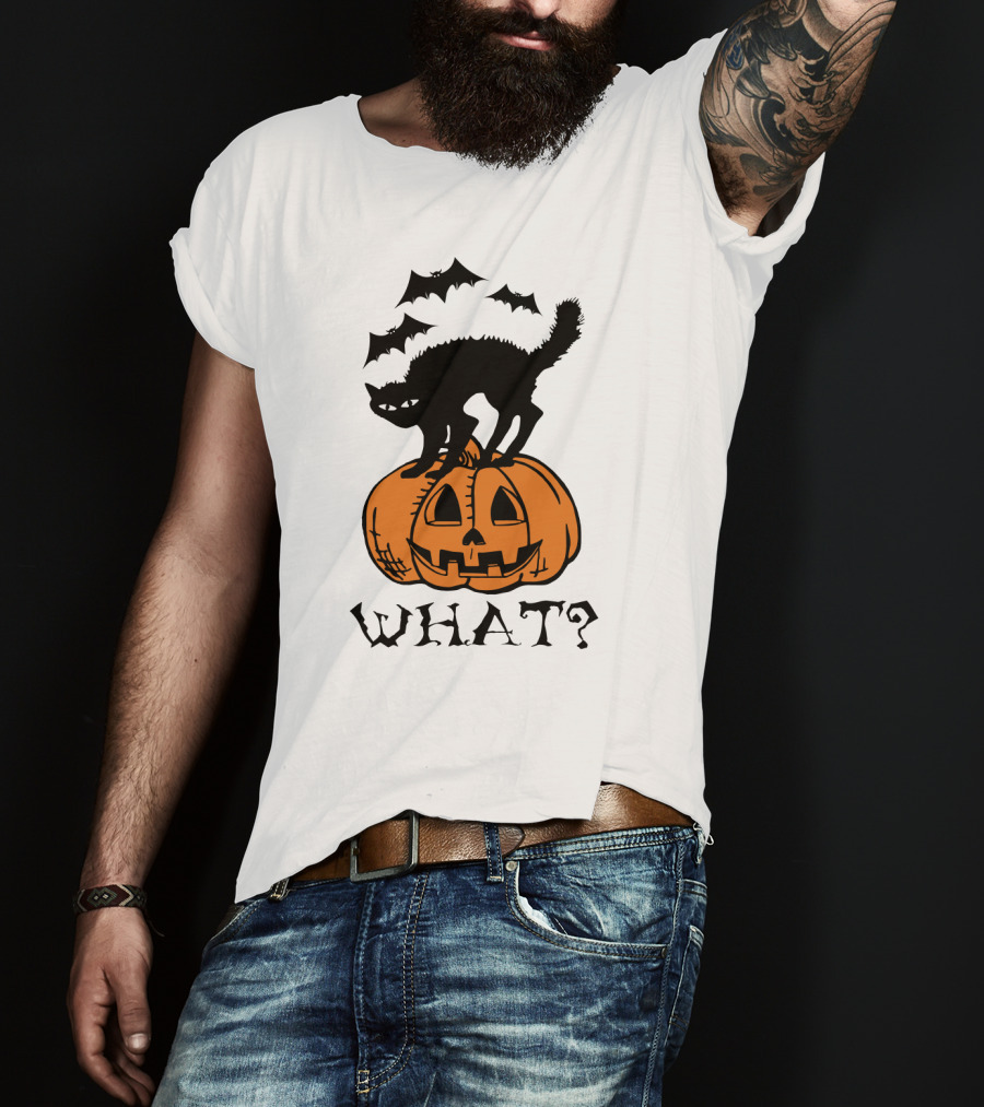 WHAT Black Cat Halloween Pumpkin Bats T-Shirt