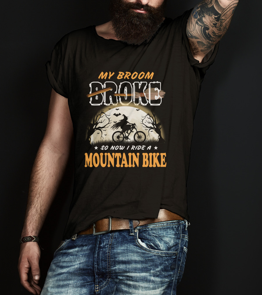 My Broom Broke So Now I Ride A Mountain Bike Halloween Witch Cycling Moon Scene T-Shirt