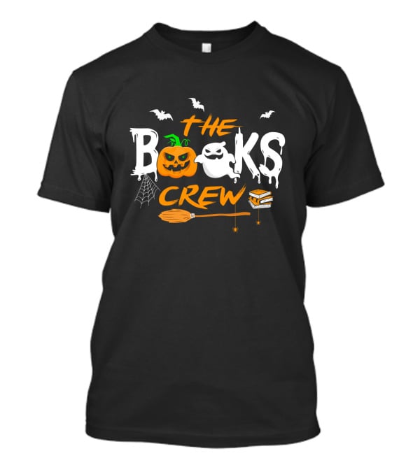 The Books Crew Halloween Ghost Pumpkin Bats Broom Books Spider Web T-Shirt