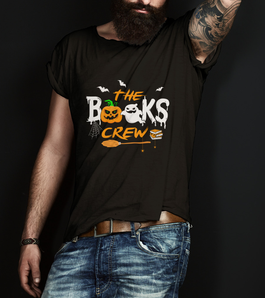 The Books Crew Halloween Ghost Pumpkin Bats Broom Books Spider Web T-Shirt