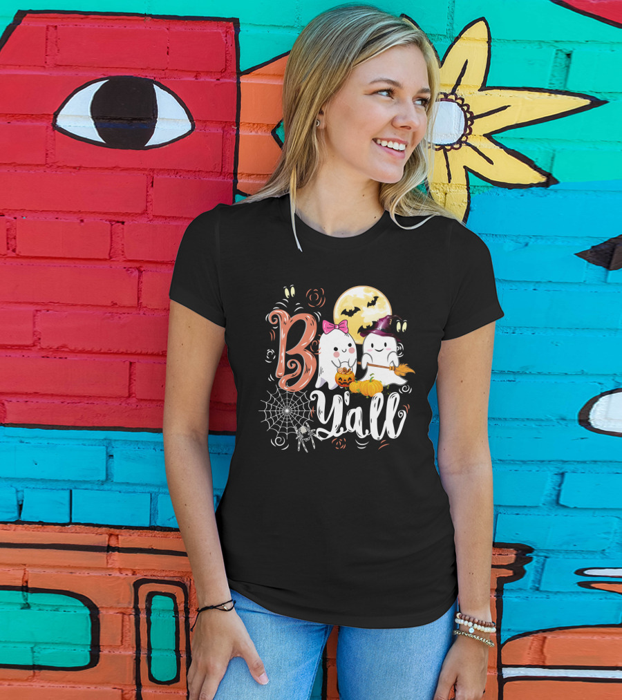 Bo Y'all Cute Ghosts With Pumpkins And Halloween Full Moon T-Shirt