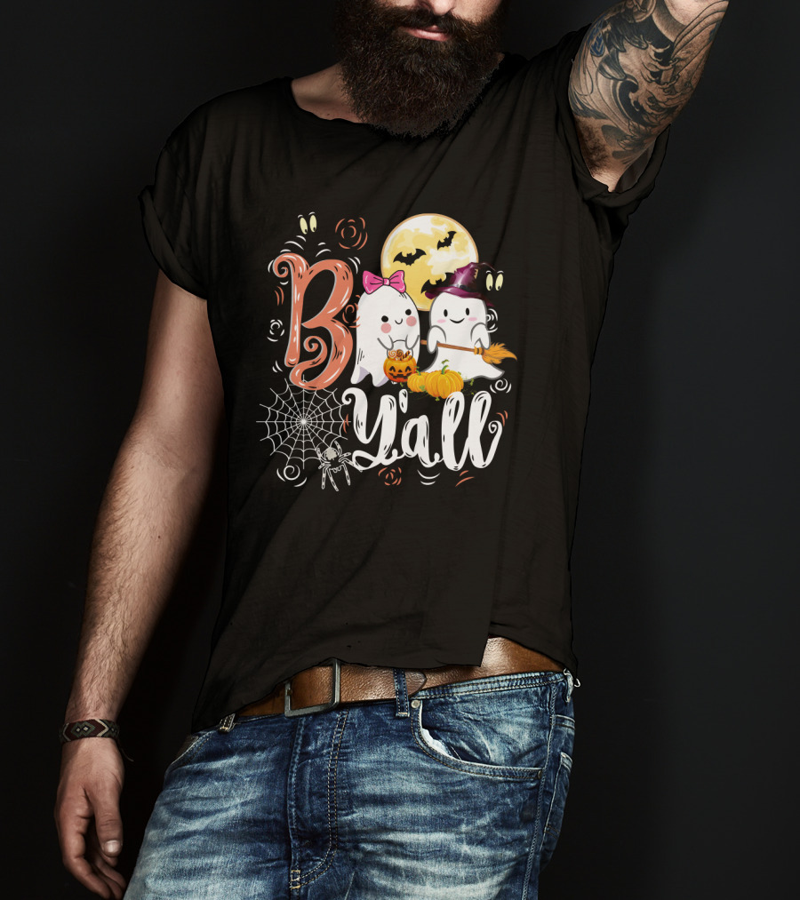 Bo Y'all Cute Ghosts With Pumpkins And Halloween Full Moon T-Shirt