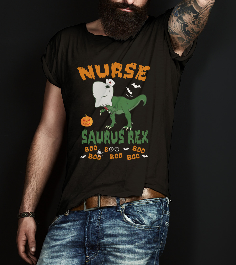 Nurse Saurus Rex Boo Boo Halloween Pumpkin Bat T-Shirt