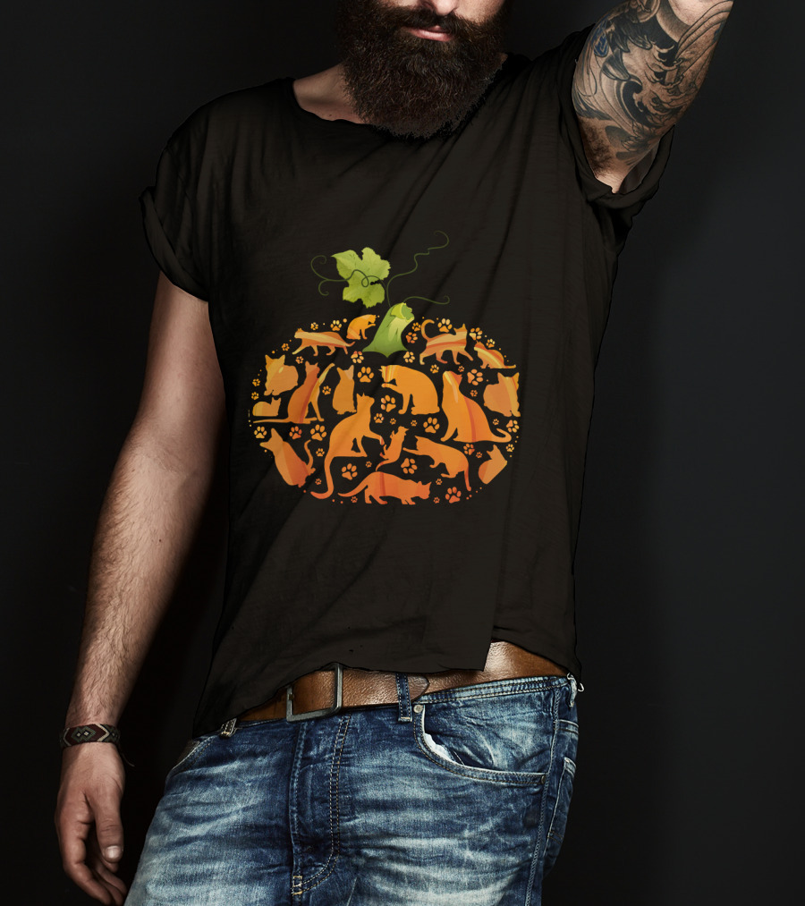 Cat Pumpkin Silhouette With Paws In Pumpkin Shape T-Shirt