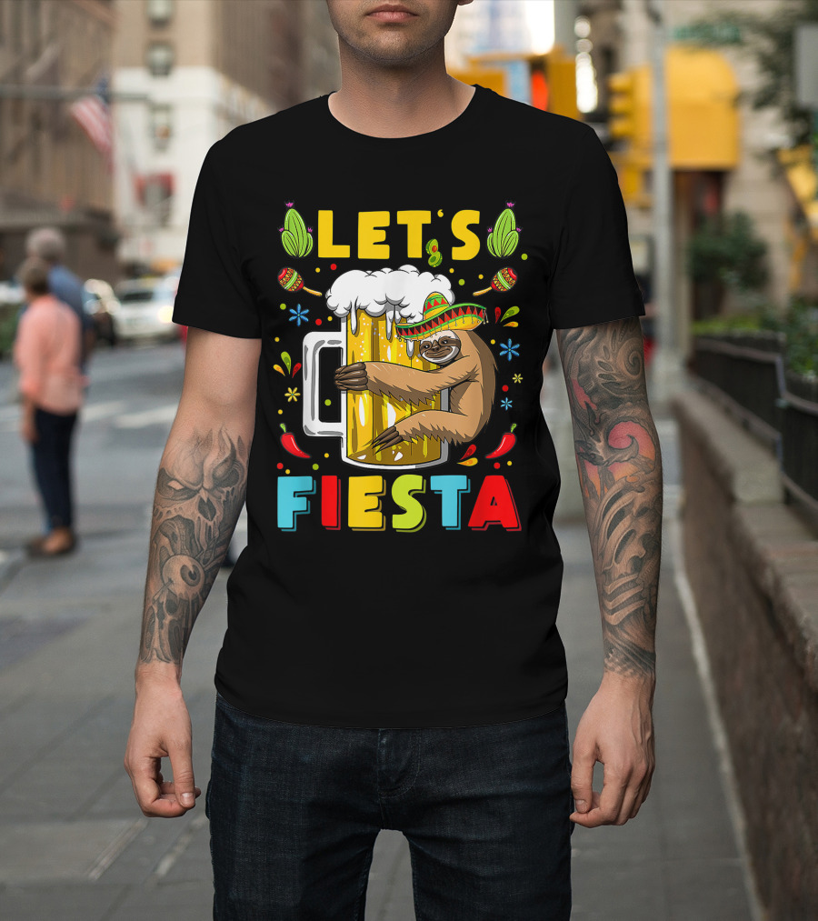 Fiesta Sloth Hugging Beer Mug With Sombrero And Mexican Decor For Cinco De Mayo T-Shirt