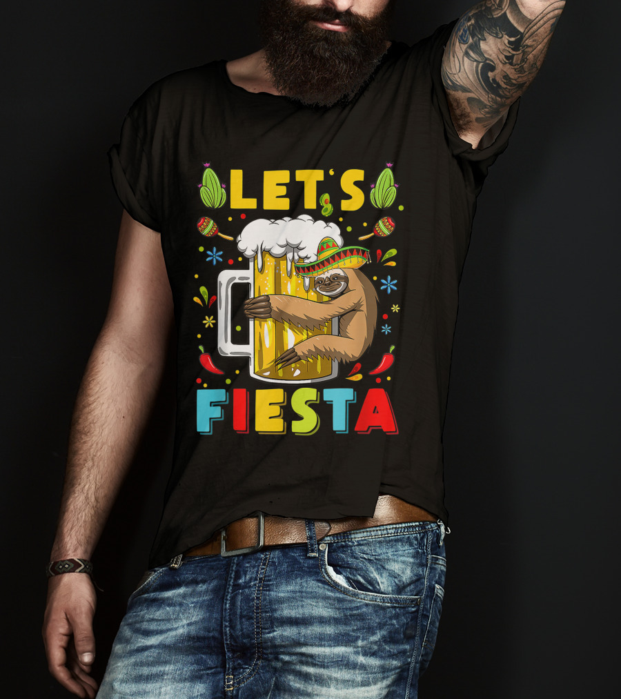 Fiesta Sloth Hugging Beer Mug With Sombrero And Mexican Decor For Cinco De Mayo T-Shirt