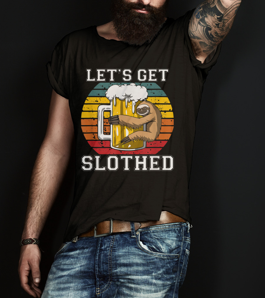 LET'S GET SLOTHED Retro Beer Mug And Sloth Hug T-Shirt