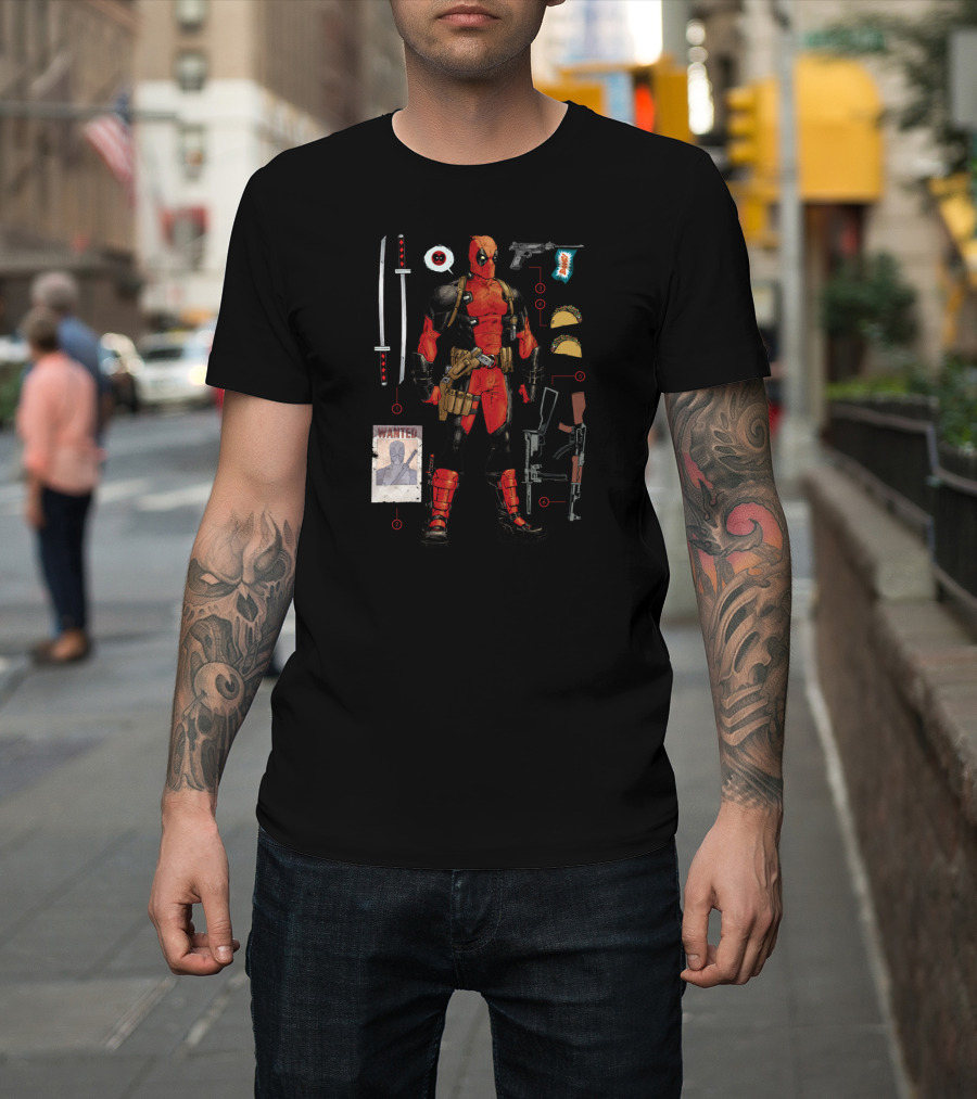 Deadpool Wanted Poster Weapons Tacos Katanas Guns Mercenary Essentials T-Shirt