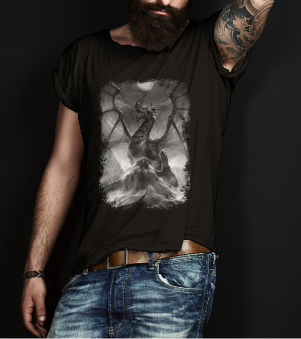 Black And White Dragon On Mountain With Full Moon T-Shirt
