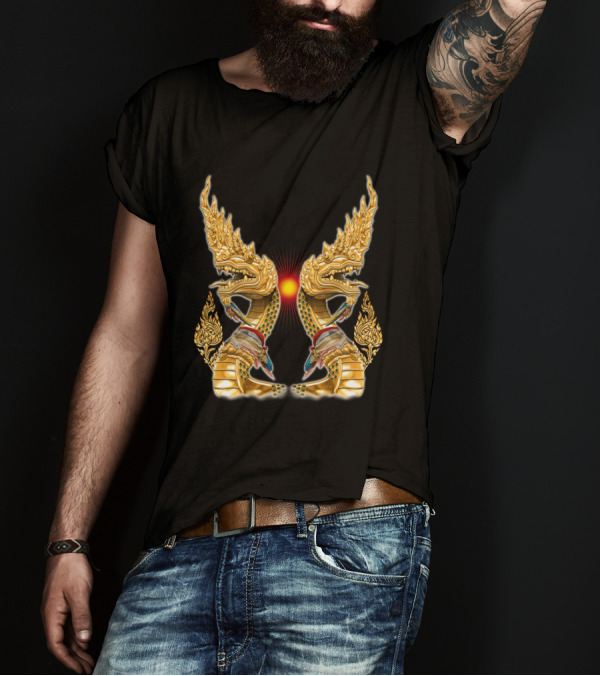 Phuket Dragon Gold Naga Duo Mythical Thai Symbolism T-Shirt