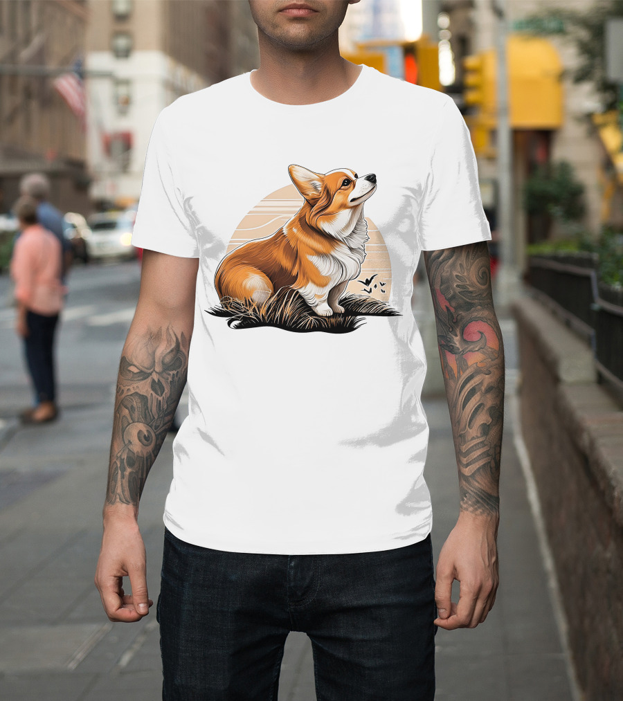 Corgi Dog Cute Sunset Scene T-Shirt