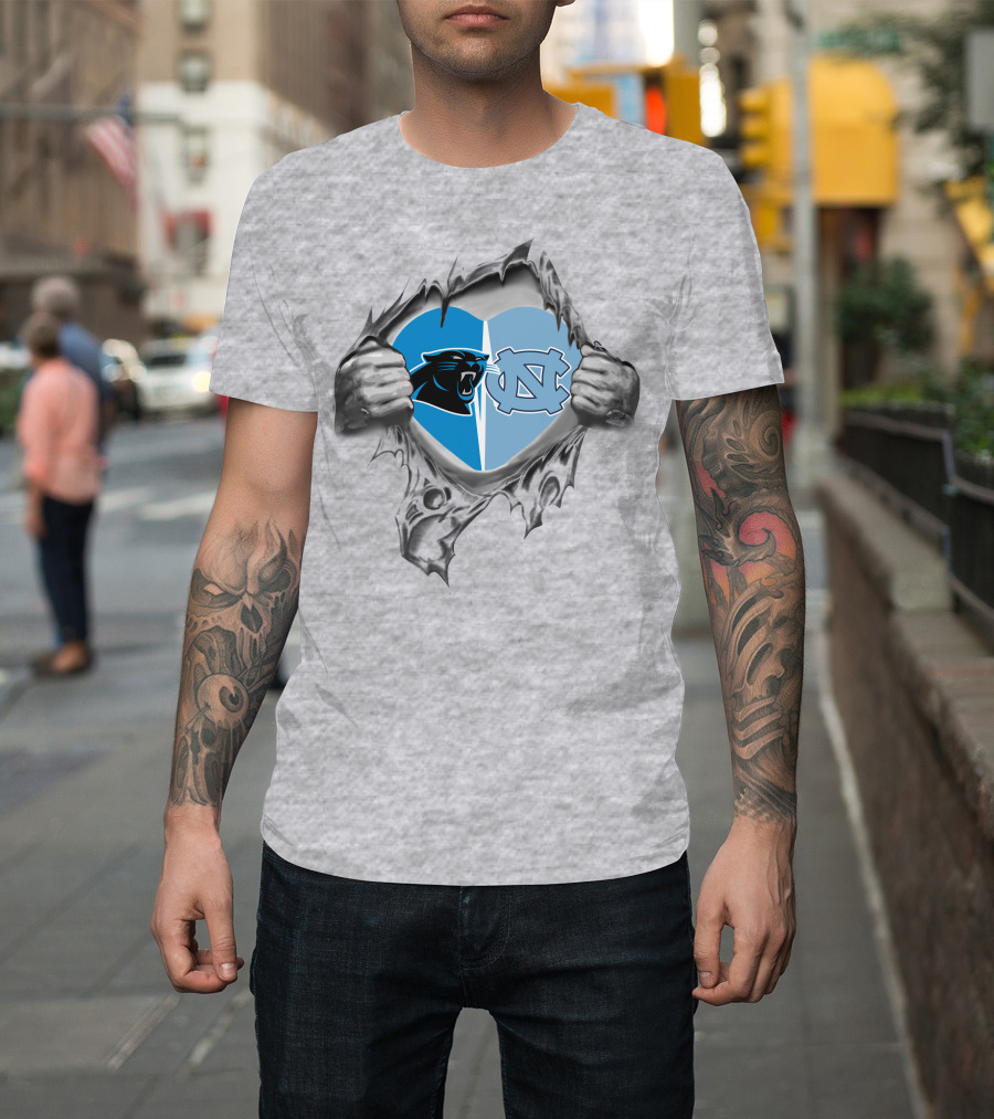 Carolina Panthers UNC Tar Heels Heart Logo Fusion T-Shirt