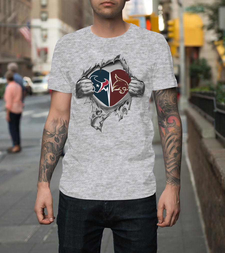 Houston Texans And Texas State Bobcats Heart T-Shirt