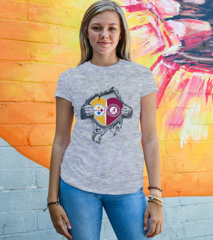 Steelers Alabama Crimson Tide Heart Inside Pulled Open T-Shirt