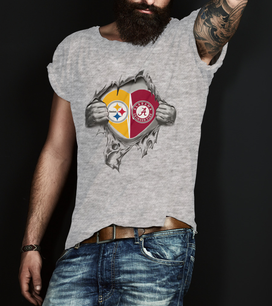 Steelers Alabama Crimson Tide Heart Inside Pulled Open T-Shirt