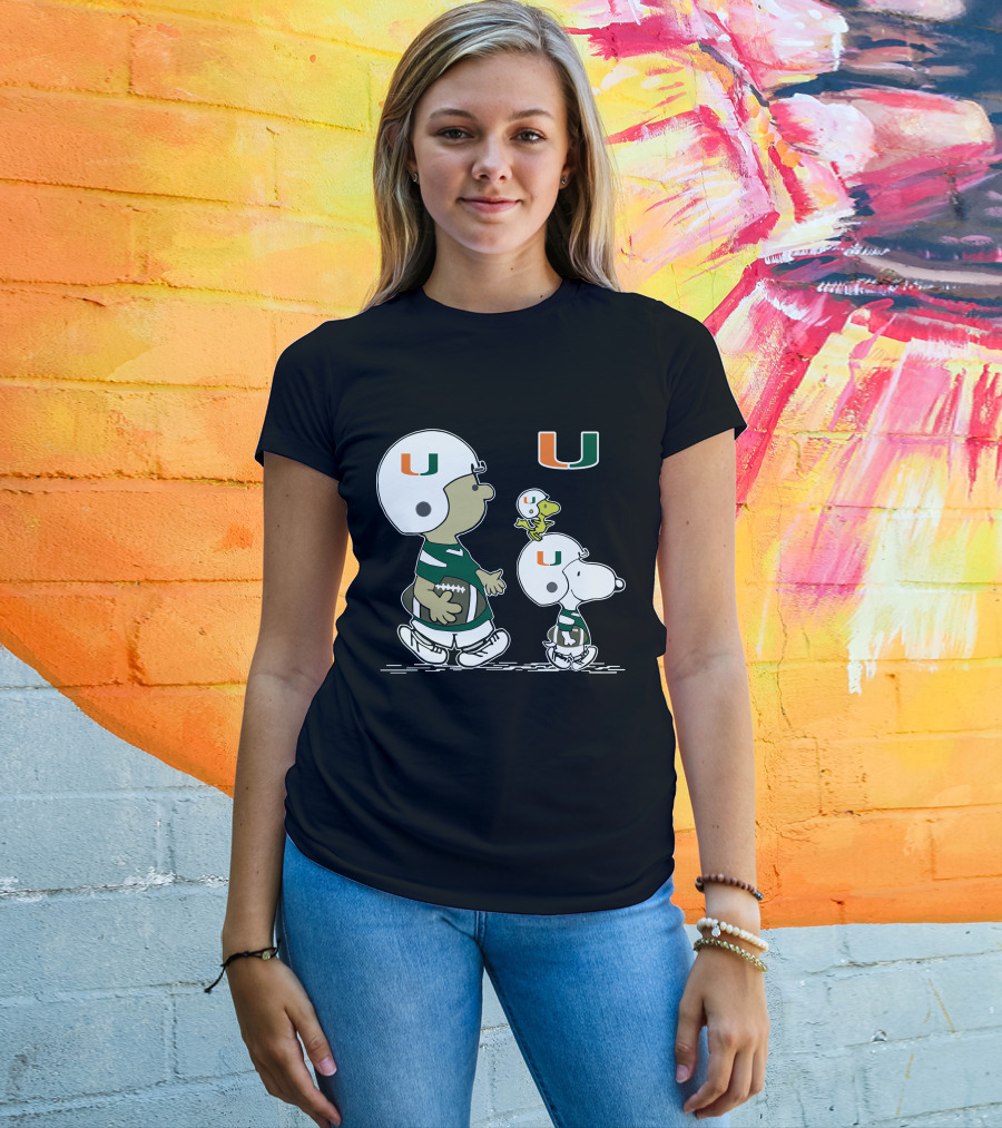 Miami Hurricanes Peanuts Snoopy Woodstock Helmet Football T-Shirt
