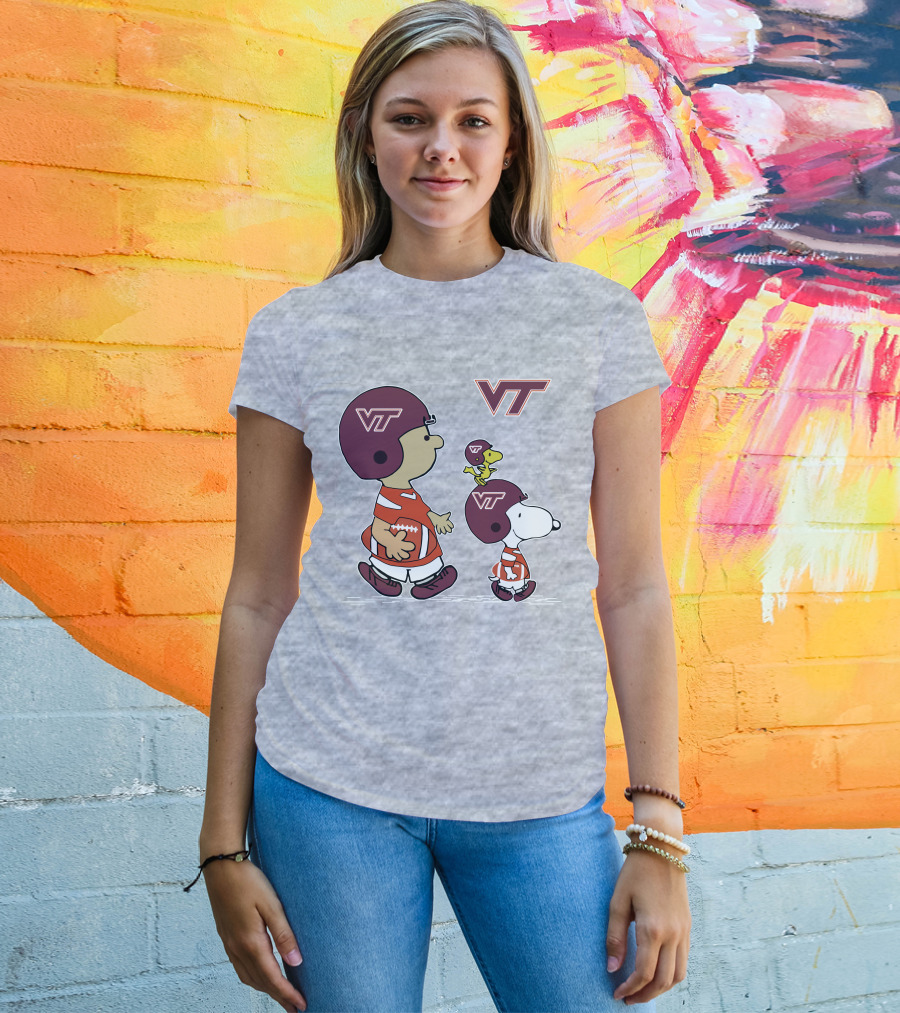 Virginia Tech Hokies VT Football Snoopy And Woodstock Peanuts Characters T-Shirt
