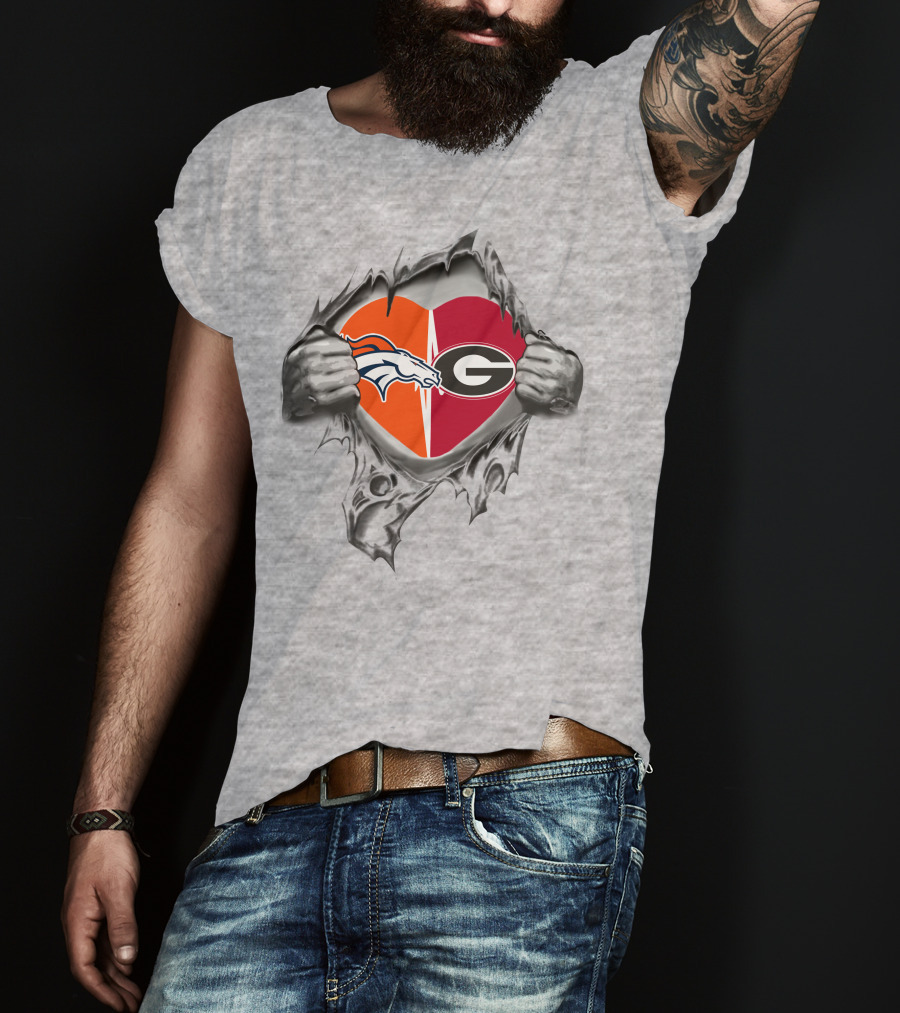 Denver Broncos Georgia Bulldogs Heart Torn Metal T-Shirt