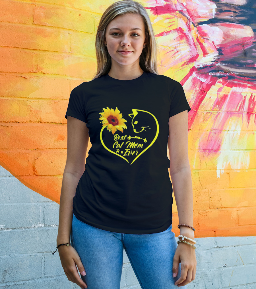 Best Cat Mom Ever Sunflower Heart Love Cat Face T-Shirt
