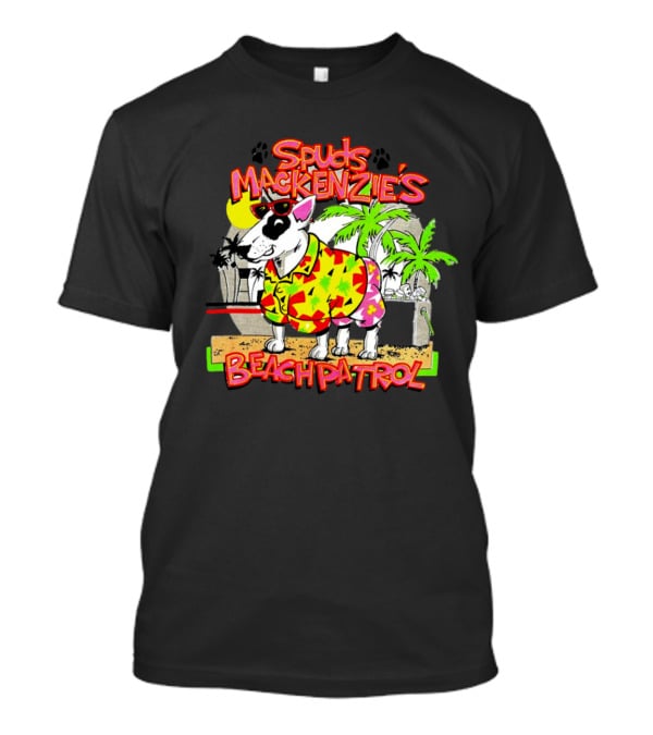 Spuds Mackenzie’s Beach Patrol Tropical Style Dog In Sunglasses And Hawaiian Shirt With Palm Trees T-Shirt